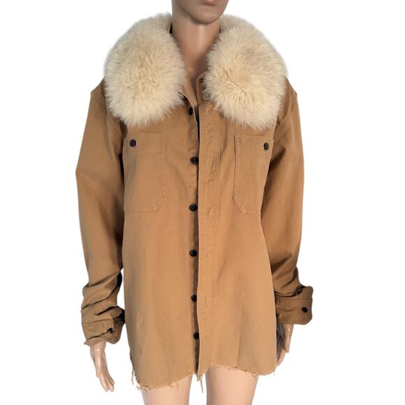 Upcycled Unisex Canvas Jacket Real Fur Collar Rodeo Graphic Western Boho Cowgirl - Picture 3 of 8